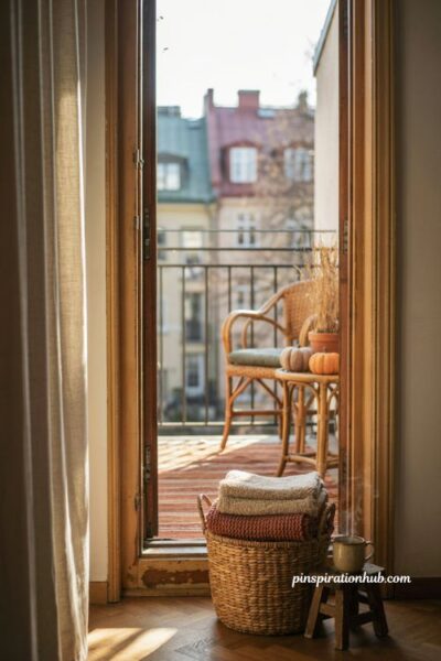 Apartment fall balcony ideas with a woven blanket basket, cozy throws, and autumn seating