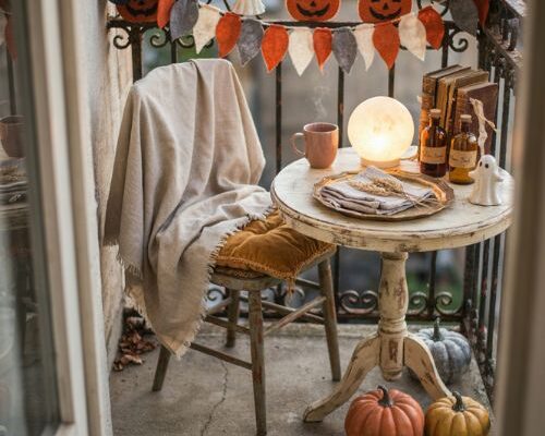 Apartment fall balcony ideas with cozy seating, vintage pumpkins, handmade Halloween decor, and warm autumn accents