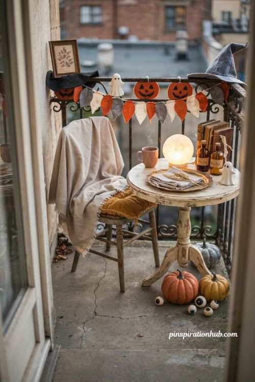 Apartment fall balcony ideas with cozy seating, vintage pumpkins, handmade Halloween decor, and warm autumn accents