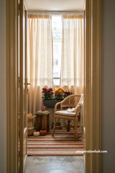 Apartment fall balcony ideas with gauzy curtains, cozy seating, warm ivory tones, and autumn privacy
