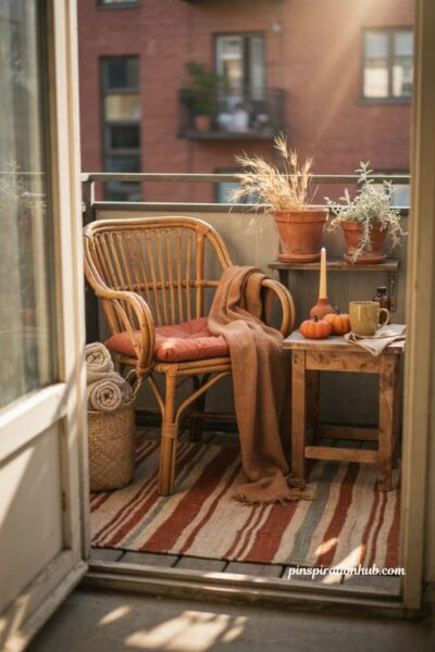 Apartment fall balcony ideas with rust and terracotta accents, cozy textures, and warm autumn decor