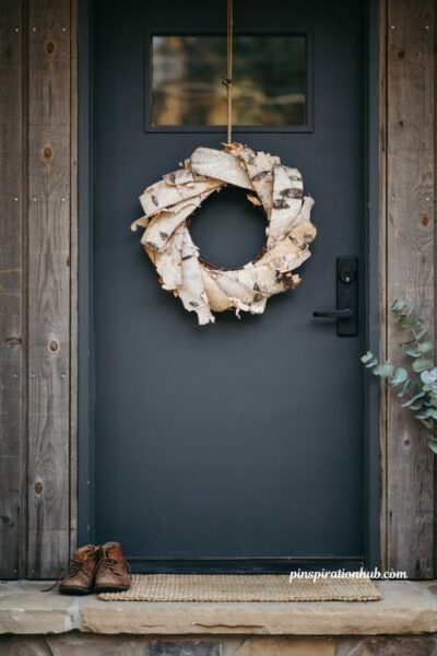 Birch bark wreath for front door with natural pale bark and dark cabin style