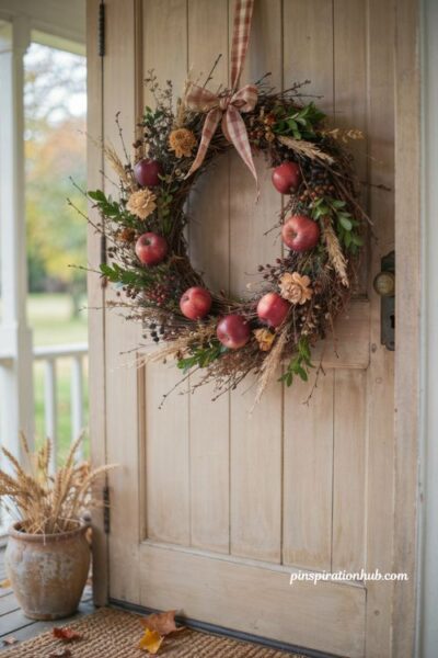 Apple orchard wreath for front door with ruby red apples boxwood dried grasses and berries