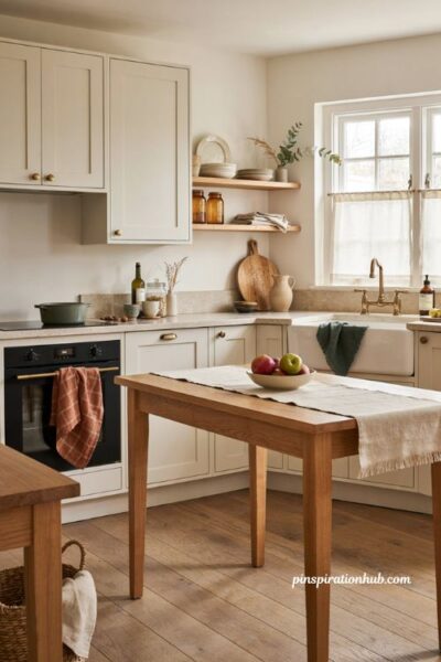 Autumn kitchen decor with plaid linens and deep green accents