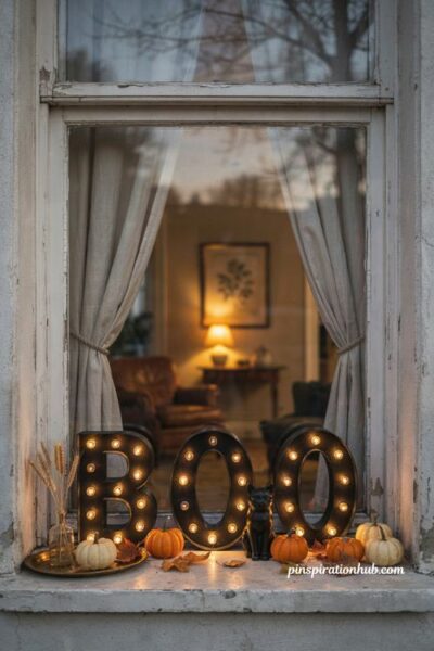 BOO LED Halloween window decor with glowing marquee letters, pumpkins, black cat and warm autumn styling