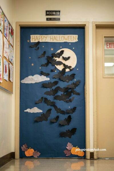 Bat silhouette door with full moon for Halloween classroom decorations