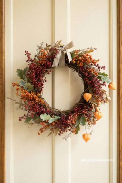Berry botanical wreath for front door with burgundy rust marigold berries and sage oak leaves