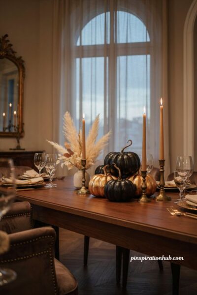 Black and gold pumpkin table decor with elegant fall centerpiece