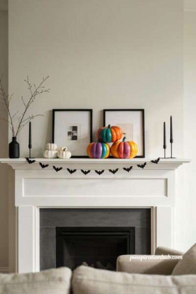 Black and white Halloween mantel with a bold colorful accent