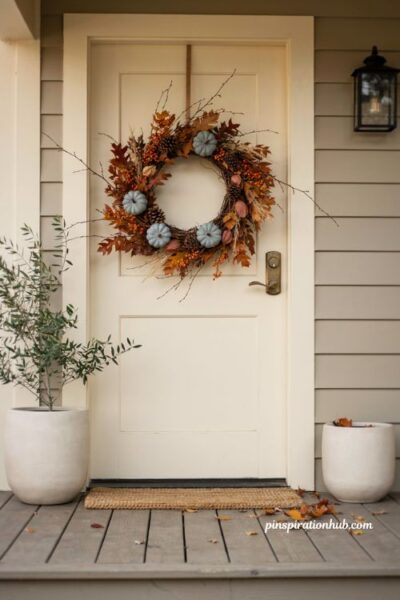 Blue and orange fall wreath for front door with dusty blue pumpkins pinecones and berries