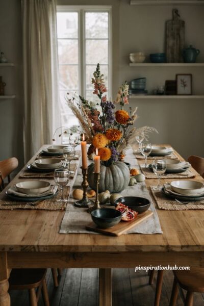 Blue gray heirloom pumpkin flower centerpiece with marigolds and chrysanthemums for fall table decor