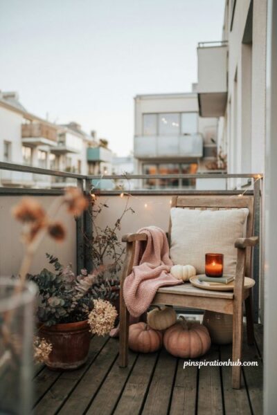 Blush pink pumpkin display for fall balcony, romantic autumn decor with rose gold string lights, soft pink throw, cream pumpkins, teak chair, and gentle seasonal styling