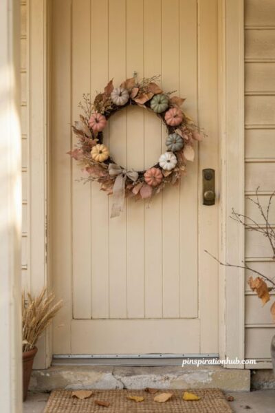 Boho dusty pink pumpkin wreath for front door with beige leaves and muted fall colors