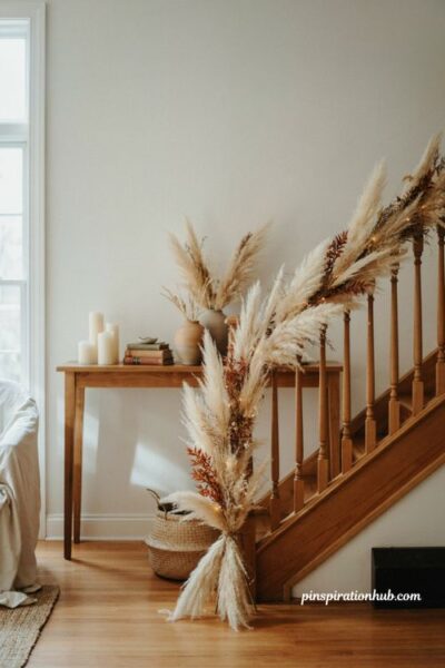 Boho pampas grass garland fall decor ideas in neutral tones
