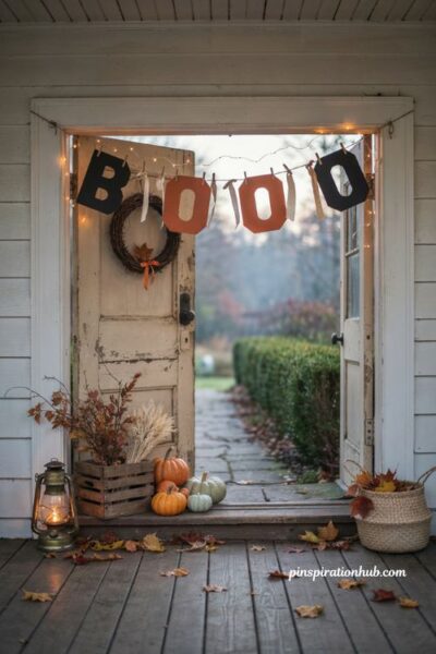 Boo garland with pumpkins for easy diy Halloween door decorations