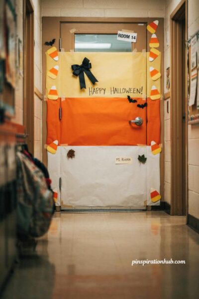 Candy corn stripe door for easy Halloween classroom decorations