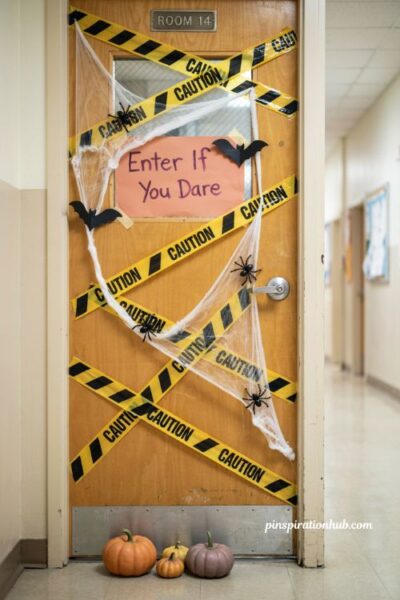 Caution tape spooky door for quick Halloween classroom decorations