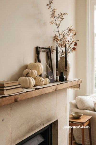 Chic neutral Halloween mantel with white pumpkins black accents spiderweb frame and dried branches