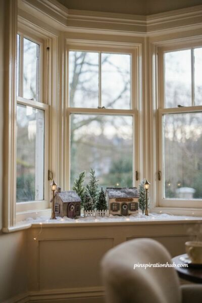 Christmas village display ideas for a bay window ledge with miniature houses