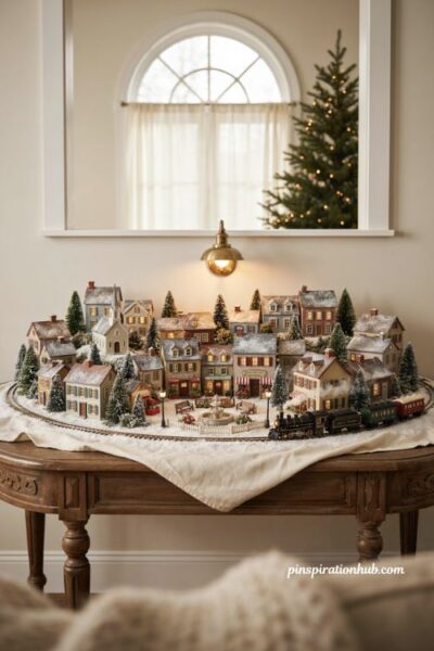 Christmas village display ideas with a working train around the perimeter