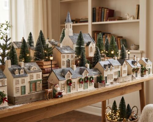 Christmas village display ideas with miniature houses lights and layered decor