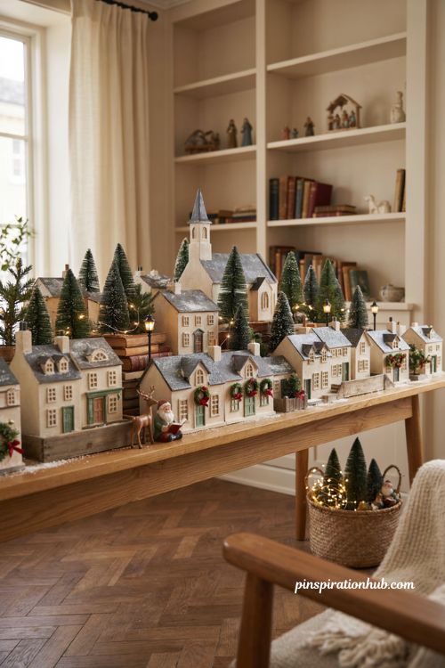 Christmas village display ideas with miniature houses lights and layered decor