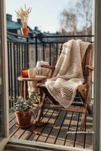 Chunky knit throw draped over a chair on a cozy fall balcony, oatmeal and rust blanket, teak furniture, warm autumn decor, rustic textures, and seasonal greenery