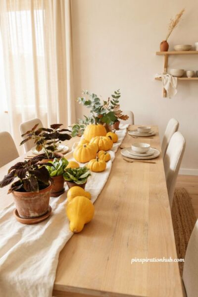 Citrus yellow pumpkin table decor with fresh green plants and bright fall centerpiece