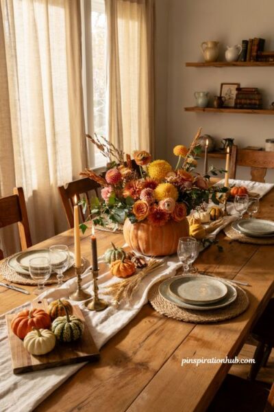 Classic floral foam pumpkin centerpiece with fall flowers for a farmhouse dining table