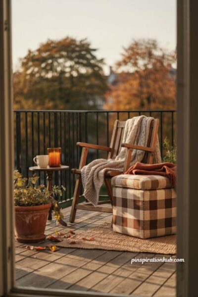 Collapsible storage ottoman for fall balcony, cozy plaid buffalo check ottoman with hidden blanket storage, teak chair, chunky knit throw, and rustic autumn decor