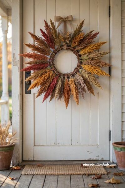 Color blocked sorghum wreath for front door with red rust apricot and marigold stems