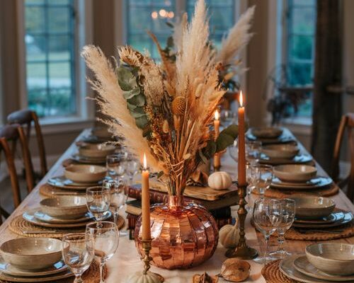 Copper faux pumpkin vase with dried flowers for elegant reusable fall table decor