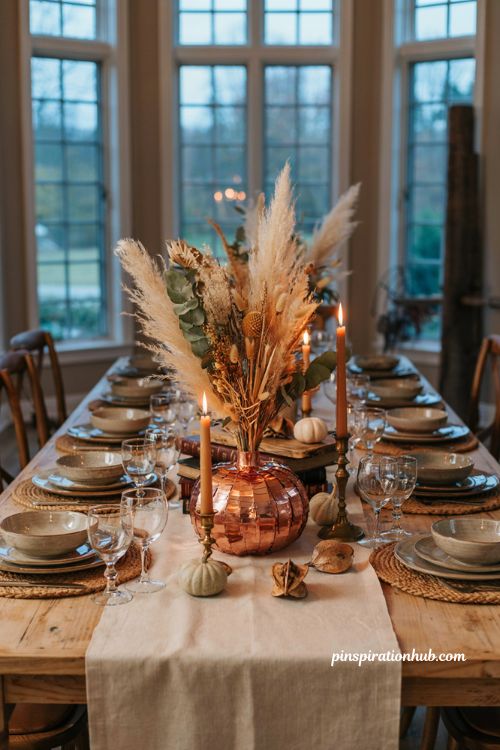 Copper faux pumpkin vase with dried flowers for elegant reusable fall table decor