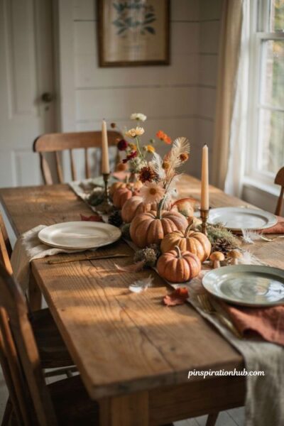 Coral pumpkin table decor with dried flowers moss and pinecones