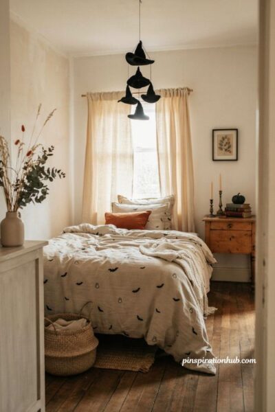 Cozy Halloween bedroom with spooky bat bedding ghost pillows witch hat mobile and autumn decor