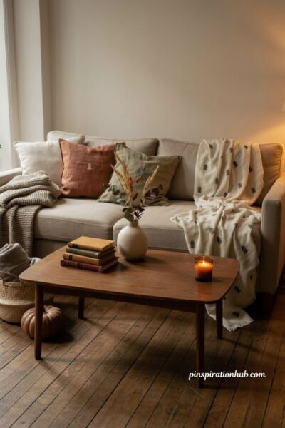 Cozy Halloween living room with ghost throw blanket and subtle seasonal accent pillows