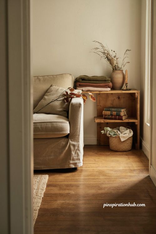 Cozy autumn ideas with warm earthy living room decor, dried stems, vintage ceramics and soft throw blankets