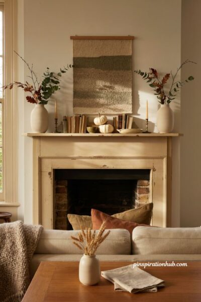 Cozy autumn living room mantel with symmetrical neutral pumpkins and tall vases