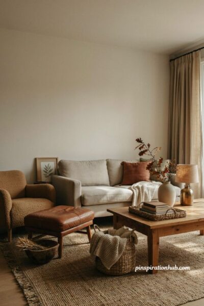 Cozy autumn living room with a neutral sofa wool throw and leather ottoman