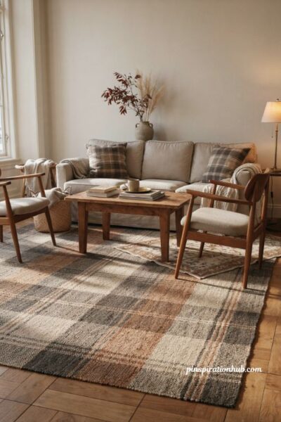 Cozy autumn living room with a textured wool plaid rug in warm neutral tones