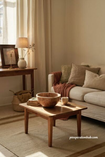 Cozy autumn living room with a well loved vintage wooden bowl and warm textures