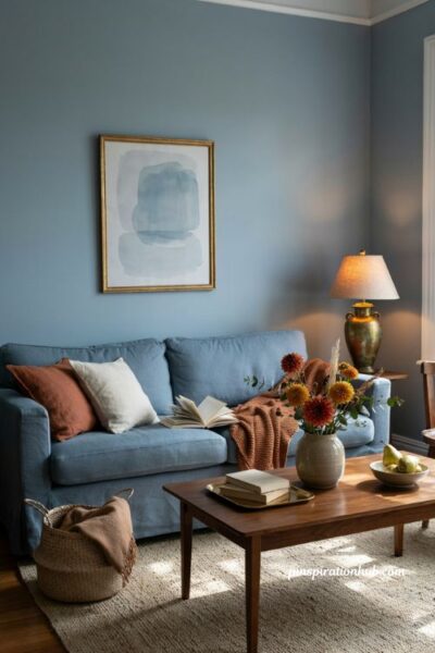 Cozy autumn living room with blue decor and warm rust brown and gold accents