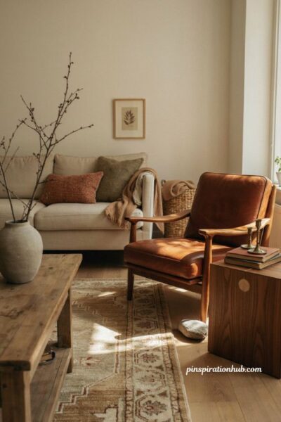 Cozy autumn living room with cognac leather and warm wood textures