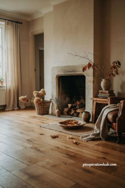 Cozy autumn living room with dried hydrangeas fall branches wicker basket and natural decor