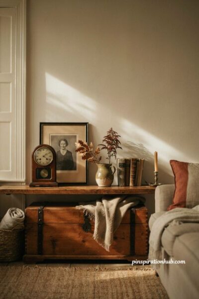 Cozy autumn living room with meaningful heirlooms antique decor and vintage accents