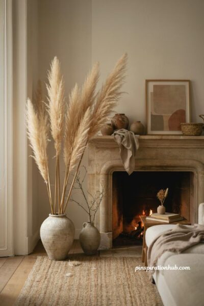 Cozy autumn living room with pampas grass in a tall vase and elegant neutral fall decor
