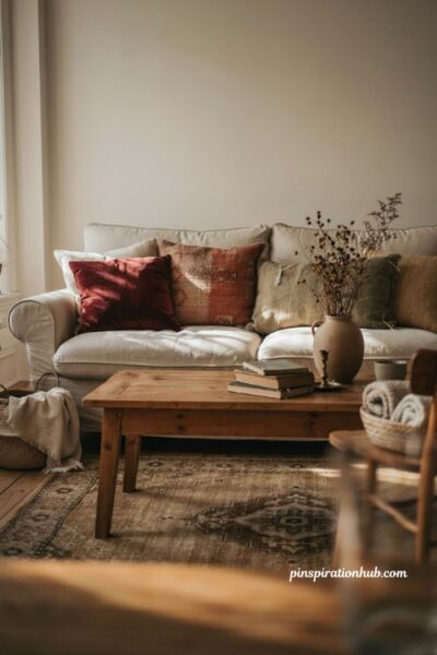 Cozy autumn living room with rust olive and burgundy pillows