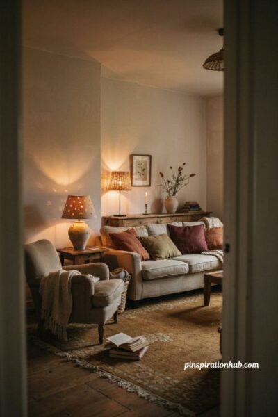 Cozy autumn living room with warm layered lighting and lamps