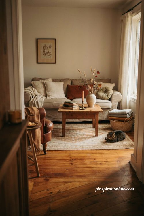 Cozy autumn living room with warm textures and soft fall colors