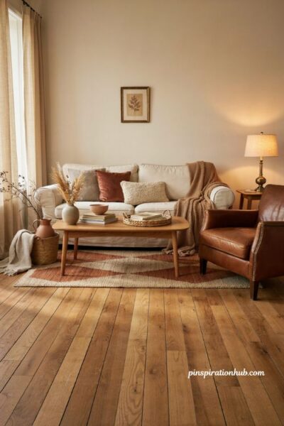 Cozy autumn living room with warm undertones in wood leather and textiles